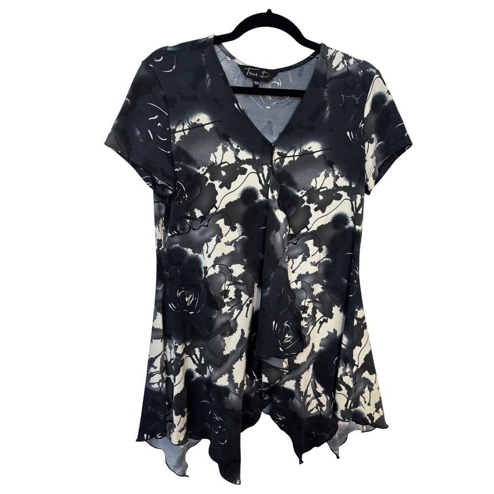 Y2K Tania D Women Black White Abstract Floral Ruffle Handkerchief Hem Tunic Top